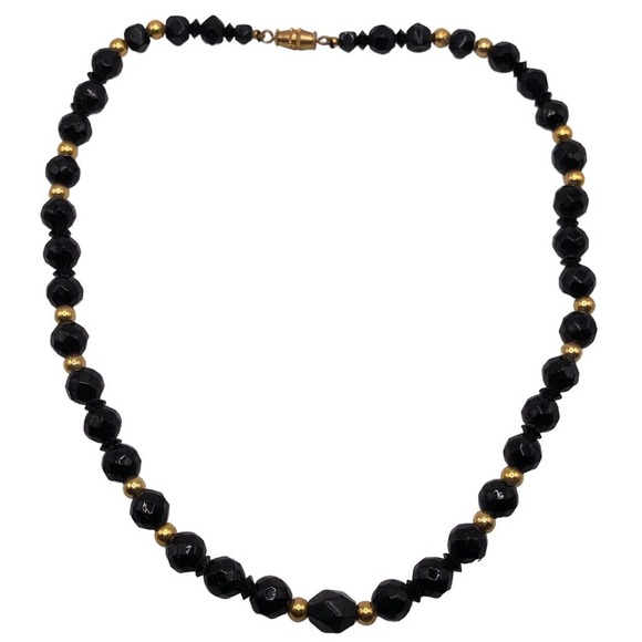Vintage Black Faceted Czech Glass Gold Plate Bead Necklace 17" Long Choker - Picture 1 of 7